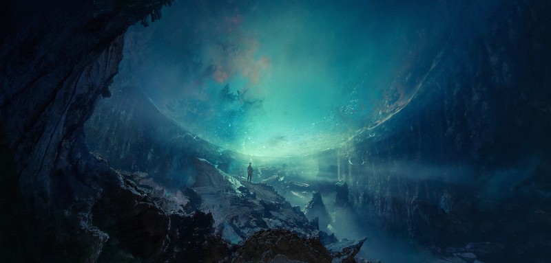 artwork, cave, fantasy art, cyan