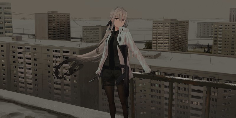 anime girls, original characters, women, silver hair, long hair, hair bows, looking at viewer, gray eyes, jacket, tie, shirt, short shorts, pantyhose, machine gun, Girl With Weapon, weapon, rooftops, building, city, gloves, cigarettes, standing, artwork, drawing, digital art, anime, Chihuri 45