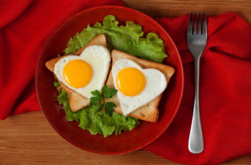 food, fork, Heart (Design), toast, salad, eggs, wooden surface