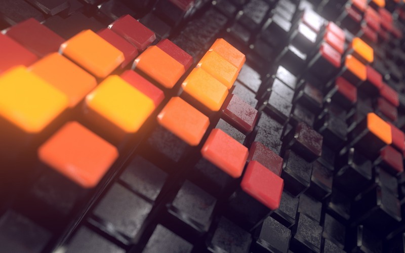 tiles, 3D Abstract, orange, cube, yellow, black, perspective, render, CGI, digital art, 3D Blocks