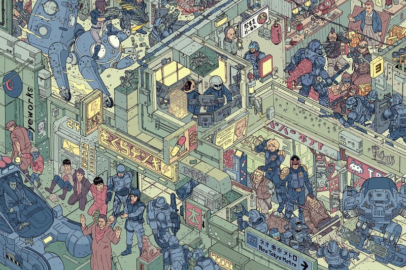 cyberpunk, futuristic, science fiction, artwork, RoboCop, Judge Dredd, ed-209, Total Recall, Blade Runner, Akira, Daft Punk, Major Motoko Kusanagi, Chappie, Furiosa