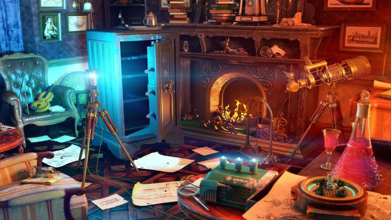 interior, fire, fireplace, telescope, violin, books, cyan, orange