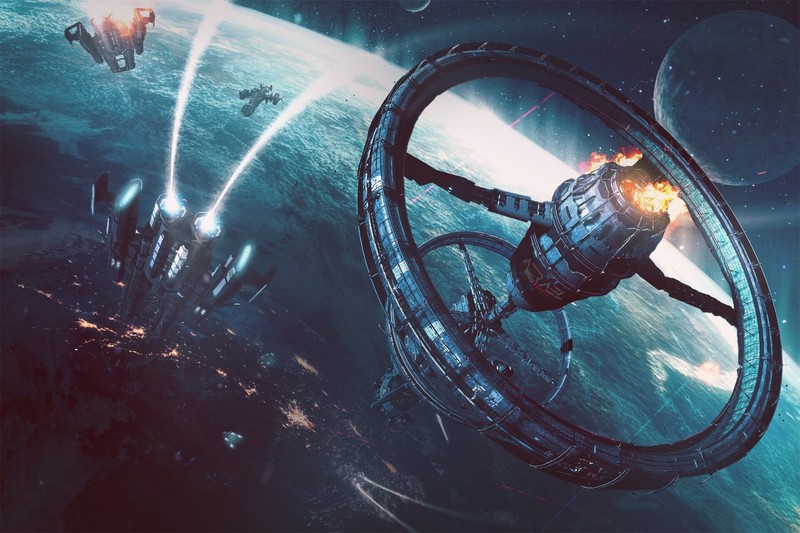 space station, space, digital art, science fiction, planet