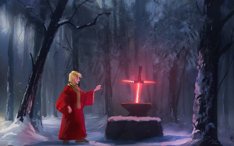 lightsaber, Disney, fantasy art, Star Wars, crossover, forest, snow, anvil, red, artwork, Excalibur