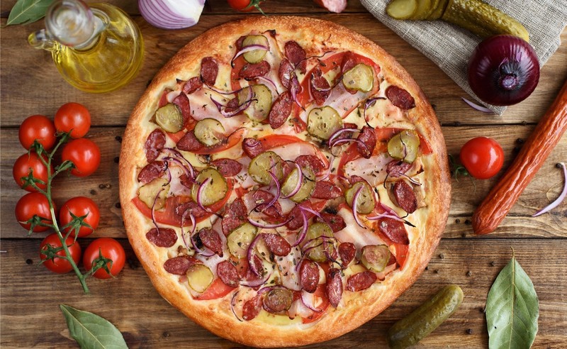 pizza, food, tomatoes, olive oil, vegetables