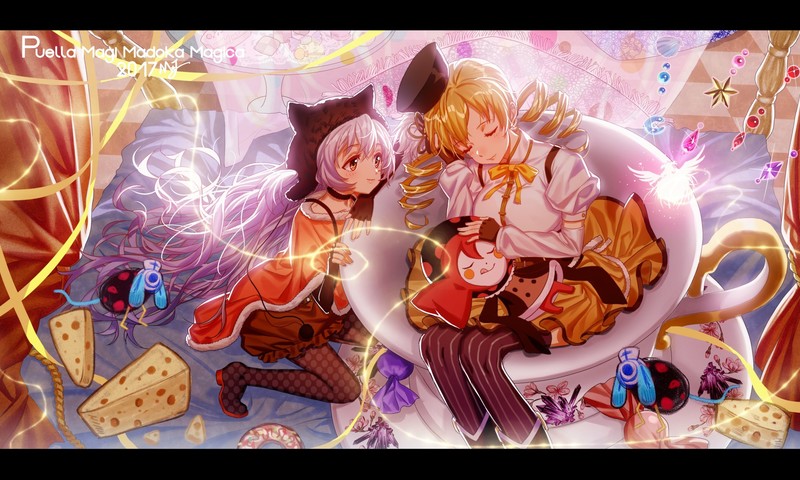 anime, anime girls, Mahou Shoujo Madoka Magica, Tomoe Mami, Momoe Nagisa, cheese, food, blonde