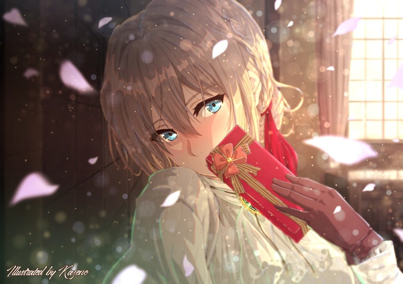 anime, anime girls, Violet Evergarden, valentine day, blue eyes, blonde, presents, gloves, leaves
