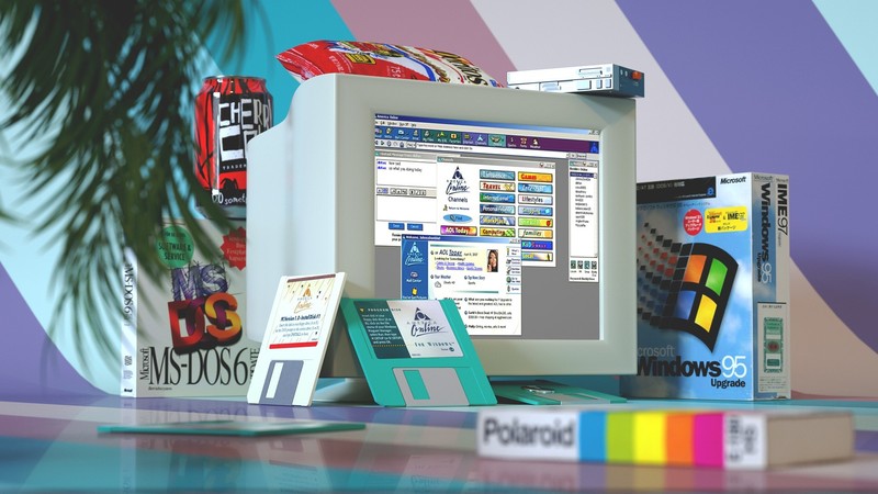 vintage, technology, computer, monitor, Microsoft Windows, Windows 95, MS-DOS, floppy disk, VHS, cherry coke, nostalgia, CRT