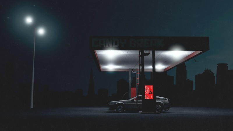 night, DeLorean, car, vehicle, digital art, gas stations