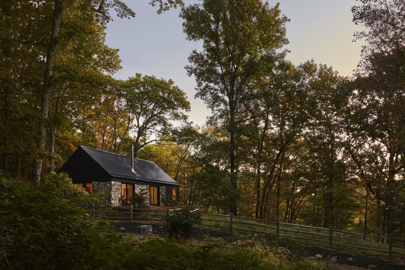 house, forest, cabin, trees, fence, evening