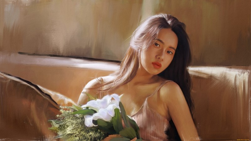 women, Asian, flowers, artwork, people