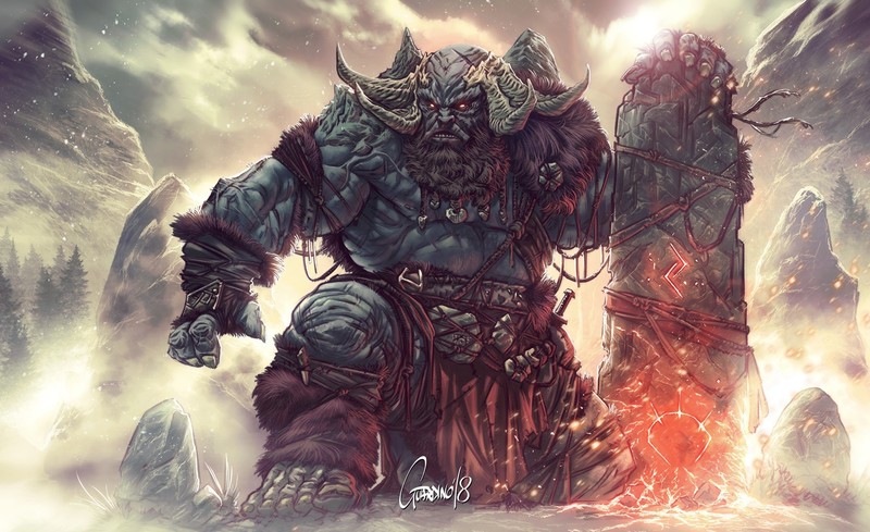 fantasy art, artwork, warrior, glowing eyes, muscles, horns, God of War