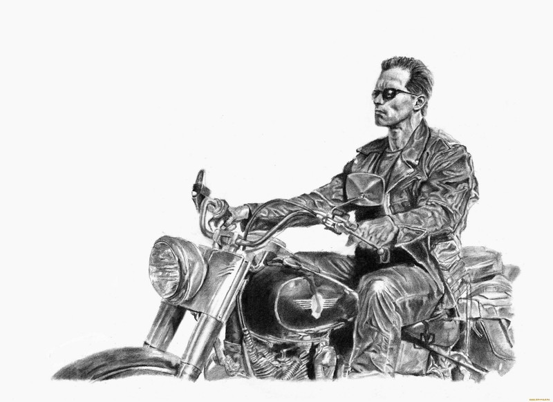 Terminator, Terminator 2, artwork, drawing, cyborg, vehicle, monochrome, simple background, white background, Arnold Schwarzenegger, movies, 1991 (Year)