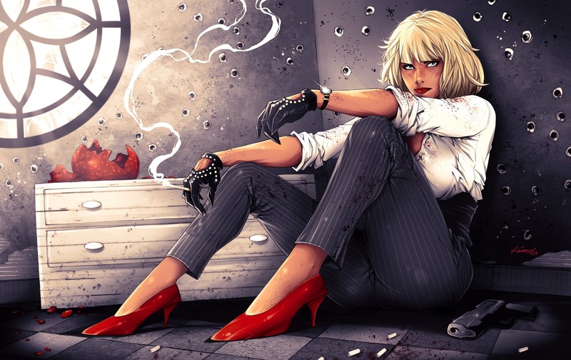 women, artwork, blonde, gun, sitting, smoking, Atomic Blonde (Movie)