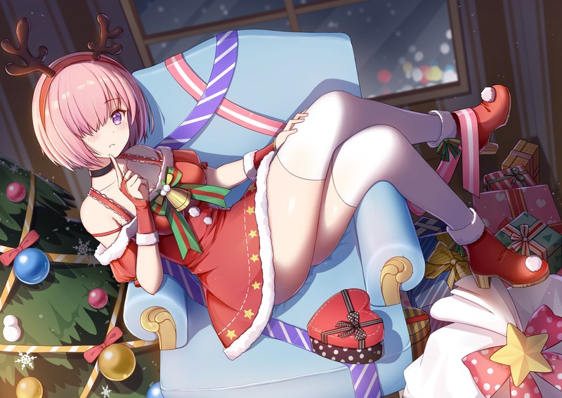 Fate/Grand Order, Mash Kyrielight, Christmas, white stockings, purple eyes, pink hair, Shielder (Fate/Grand Order)