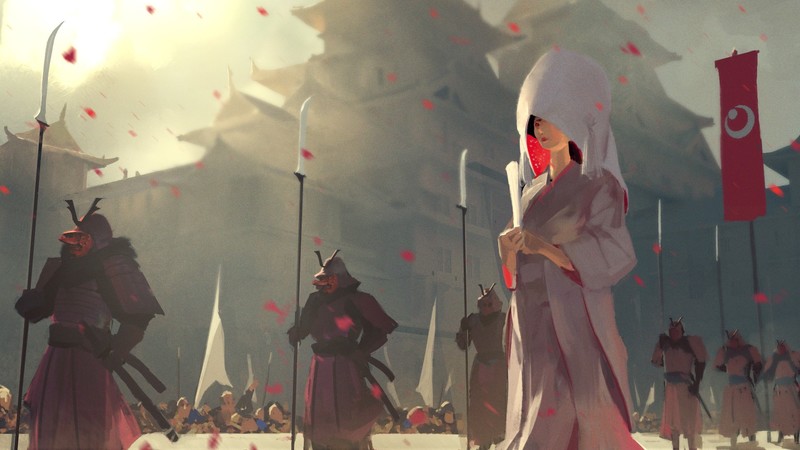 Japan, fantasy art, samurai, armor, weapon, petals, princess, crowds, mask, kimono, Sangyeop Park
