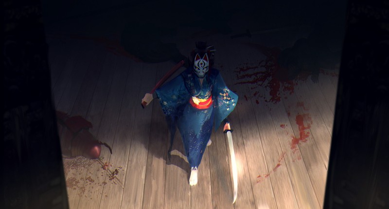 Japan, fantasy art, samurai, armor, weapon, katana, blood, mask, kimono, Sangyeop Park, high angle