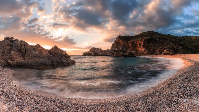sea, rocks, beach, sky, sunset, clouds, nature, Pelion, Greece, landscape, bay