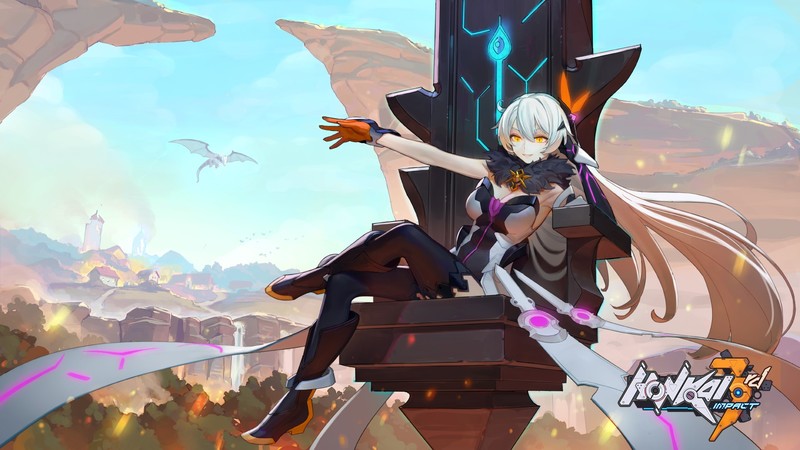 anime girls, anime, Honkai Impact 3rd, Kiana Kaslana, white hair, dragon, yellow eyes, gloves, long hair