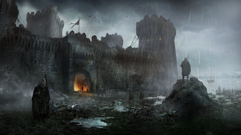castle, dark, fantasy art, rain, artwork, guards