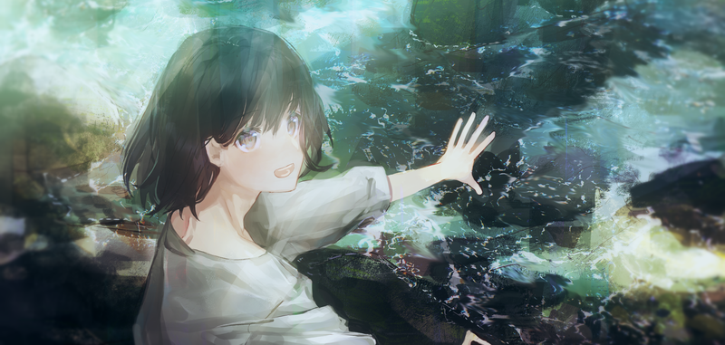 water, original characters, anime girls, dark hair, anime