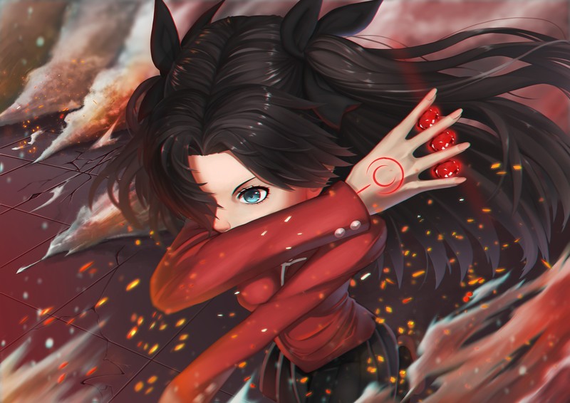 Tohsaka Rin, women, black hair, long hair, twintails, hair bows, blue eyes, Fate/Stay Night, Fate Series, anime girls, fan art, artwork, digital art, drawing, illustration, fire, smoke, destruction, sparks, battle, anime