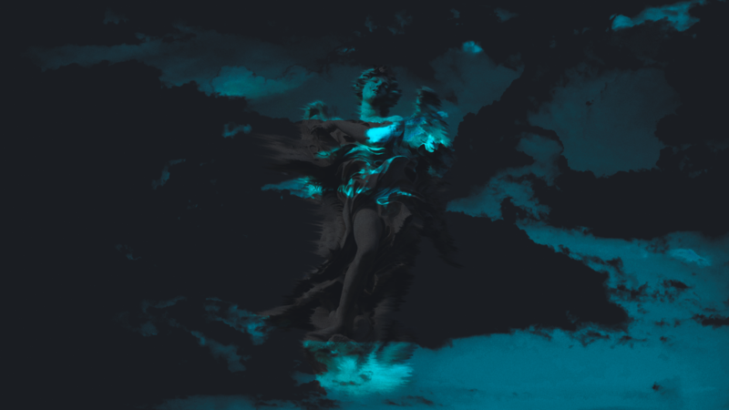 statue, glitch art, digital art, dark, cyan, clouds, dark gray, turquoise