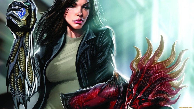 science fiction, women, futuristic, artwork, red eyes, Witchblade