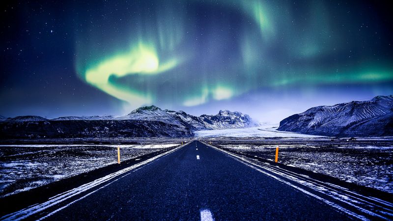 northern lights, aurora, road, marking, mountains, snow, 4k