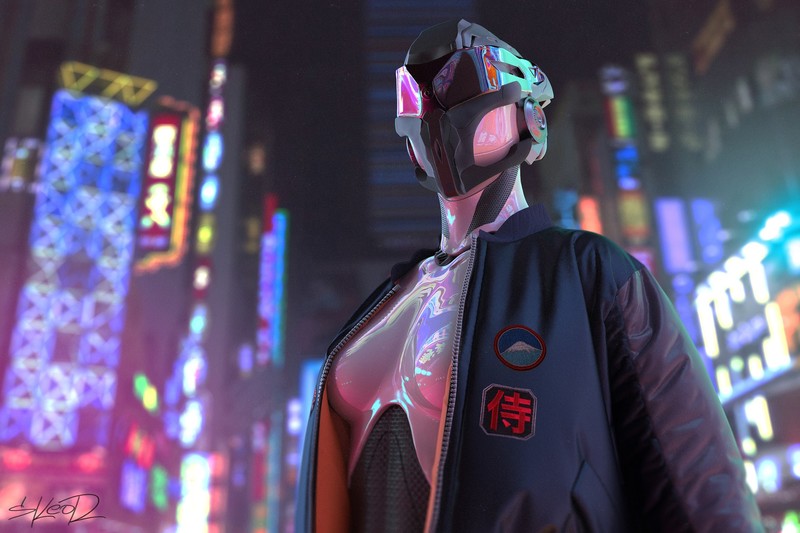 robot, futuristic, futuristic city, digital art, cyberpunk, Tony Skeor, boobs