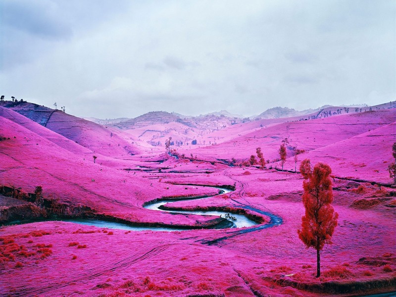 nature, landscape, trees, water, infrared, river, field, pink, valley, hill, Democratic Republic of Congo, congo