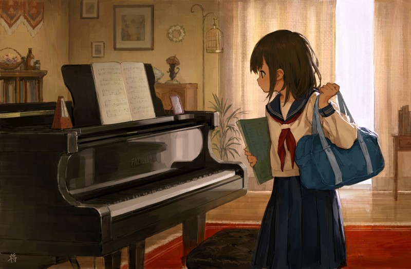 anime, anime girls, school uniform, piano, original characters