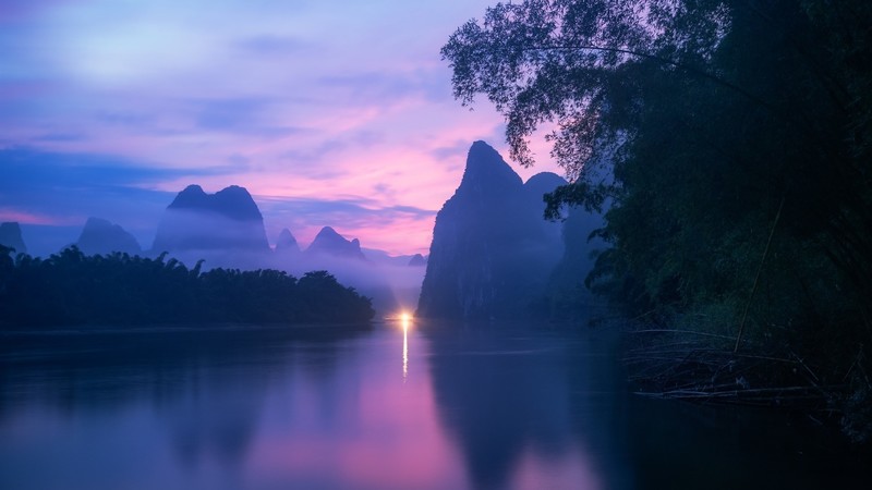 nature, landscape, trees, forest, water, Asia, China, mist, sunrise, reflection, clouds, river