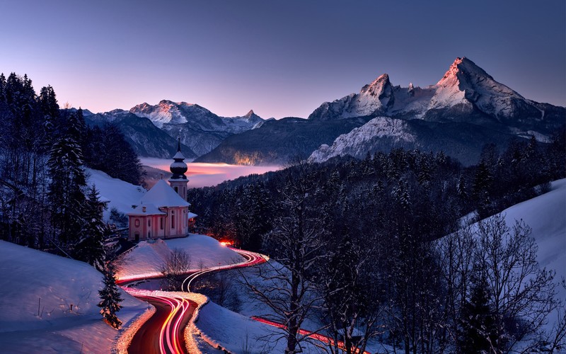 Germany, church, Alps, long exposure, winter, snow, mountains