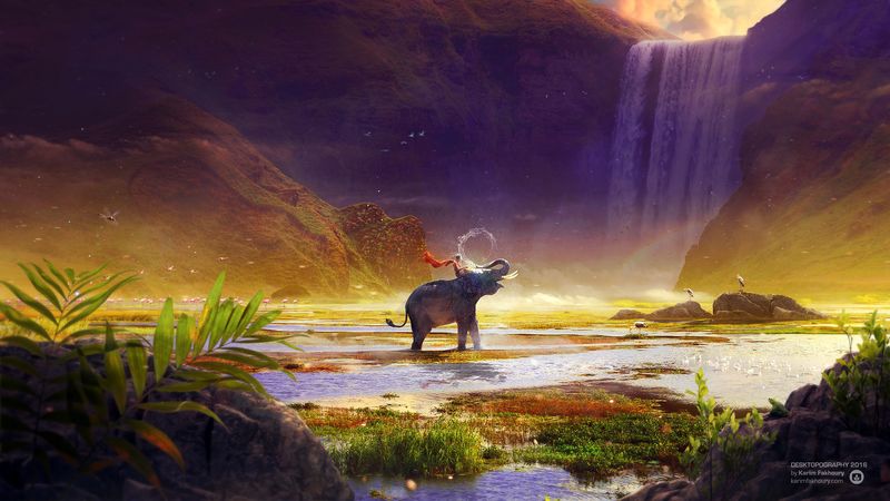 elephant, boy, river, spray, waterfall, photoshop, 4k