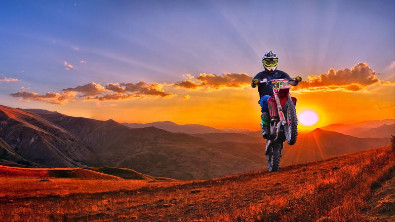 motorcycle, motorcyclist, cross, mountains, sunset, off-road, 4k