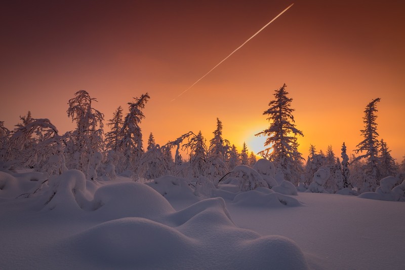 landscape, photography, contrails, snow, winter, Sun, sunlight, nature