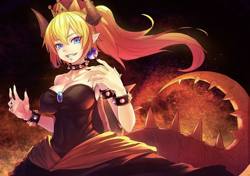 Bowsette, anime, anime girls, big boobs, horns, blonde, blue eyes