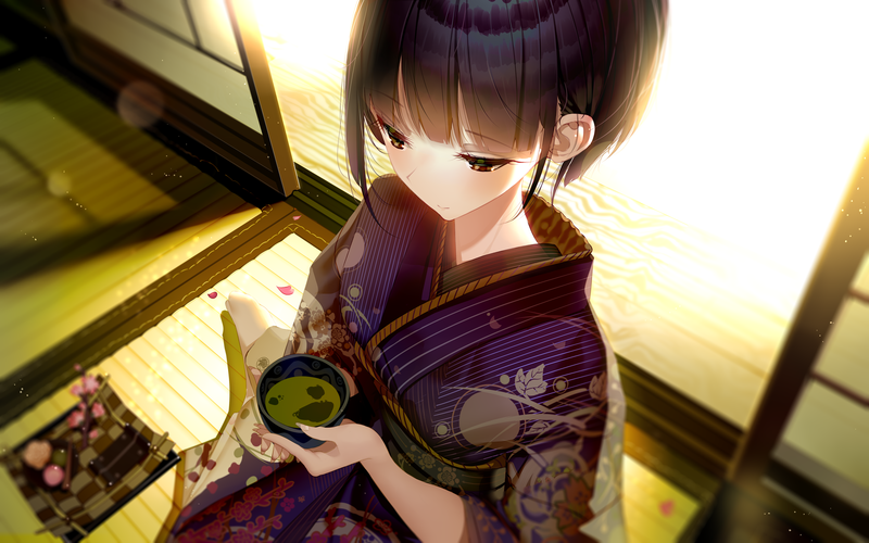 anime girls, original characters, women, black hair, portrait, kimono, food, on the floor, indoors, bokeh, lens flare, artwork, drawing, digital art, illustration, 2D, Atha, high angle, anime