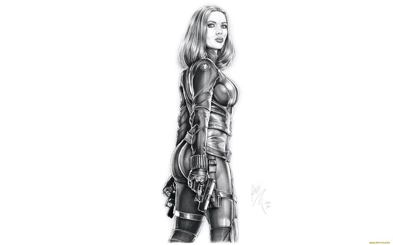 Scarlett Johansson, artwork, Black Widow, monochrome, drawing, simple background, gun