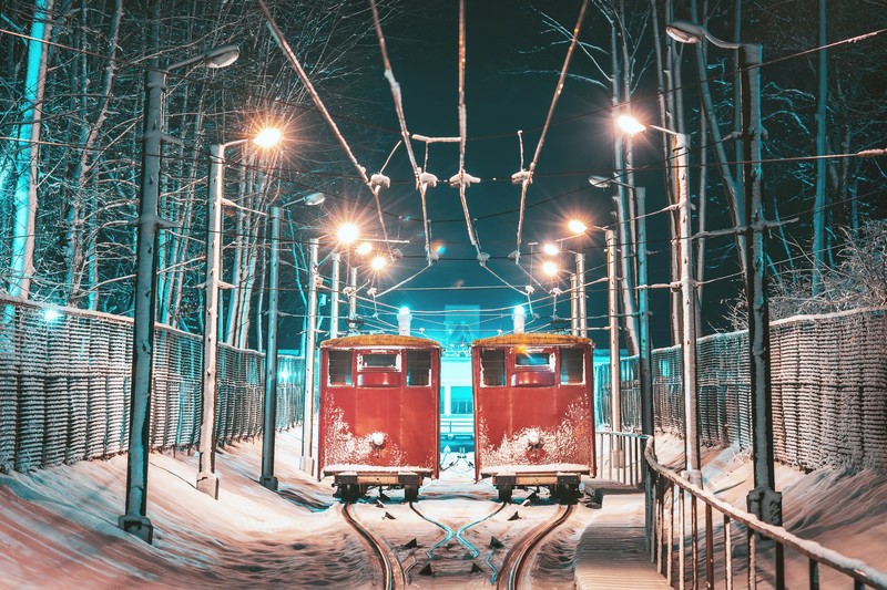 Kaunas, city, night, vehicle, winter, lantern, snow, cyan
