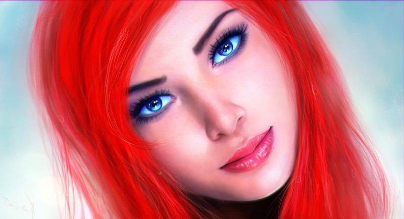 women, face, artwork, makeup, blue eyes, redhead, portrait