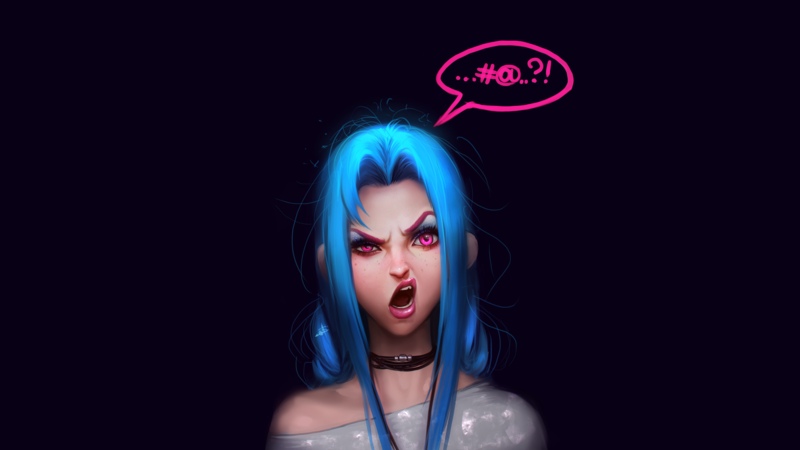 simple background, women, blue hair, angry, open mouth, pink eyes