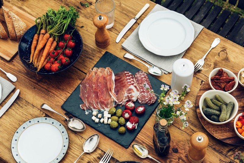 meat, food, vegetables, spoon, fork, tomatoes, carrot, knife and fork