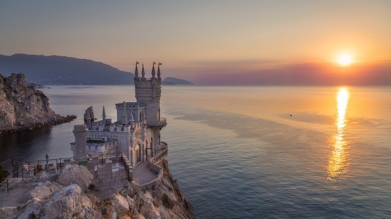 nature, landscape, castle, architecture, ancient, tower, Sun, Crimea, sea, Black Sea, reflection, mountains, cliff