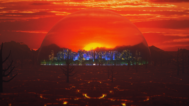 Cinema 4D, landscape, wasteland, lava, dome, sunset, cityscape