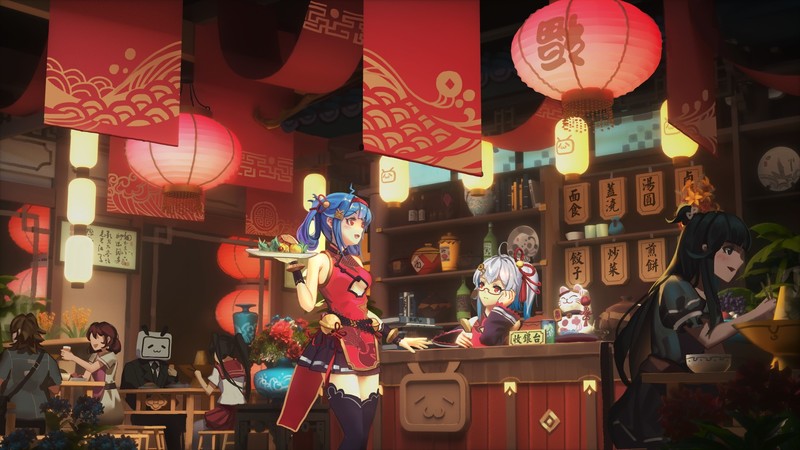 anime girls, anime, blue hair, miniskirt, food, restaurant, bilibili