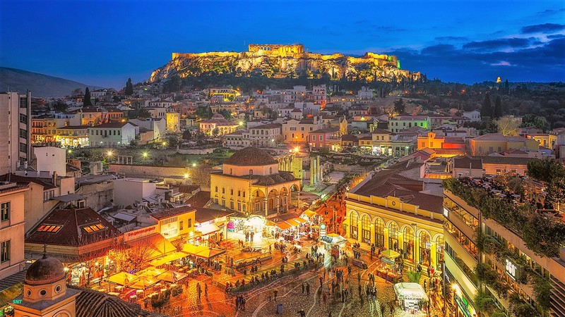 town, city, night, lights, Athens, Greece, night sky, town square, street, people, acropolis, church, high angle