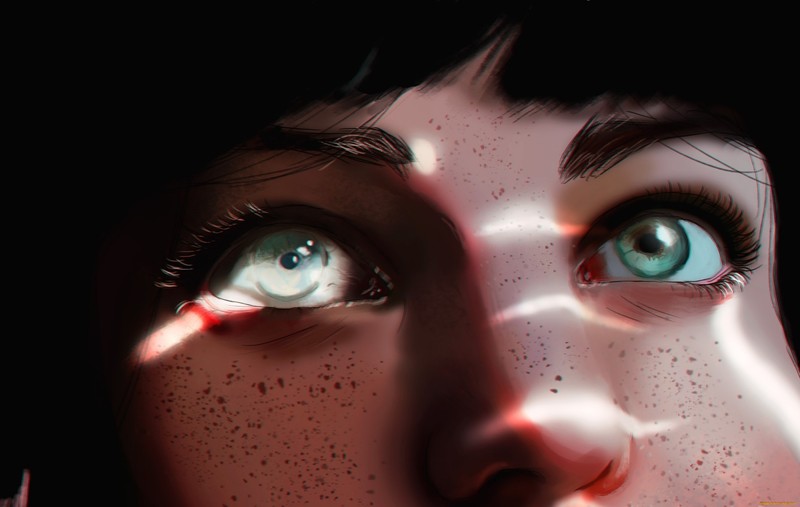 women, artwork, face, green eyes, freckles