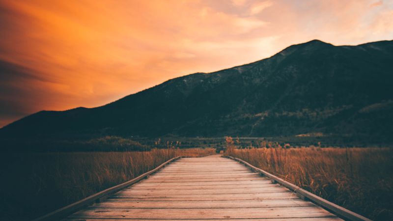 pier, mountains, sunset, boardwalk, wooden, flooring, 4k